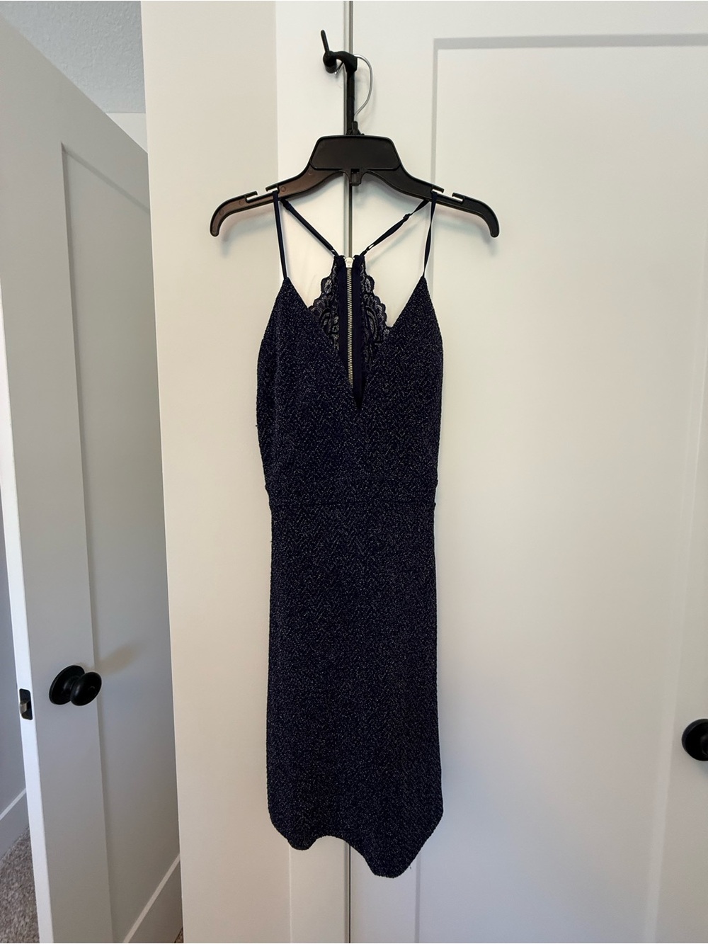 Elegant Navy Sparkle Lace-Back Prom Dress - Women's